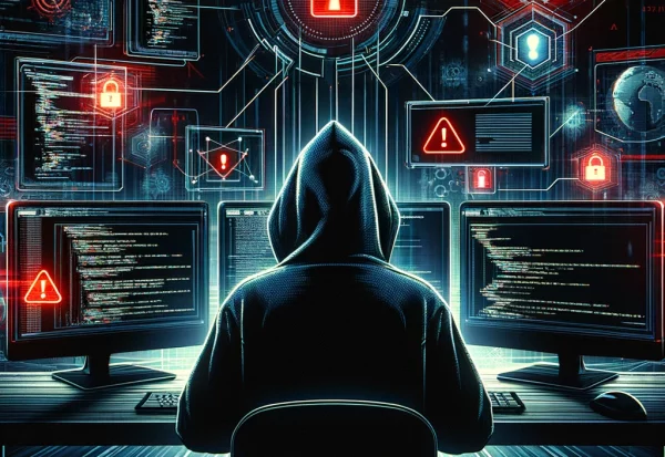 DALL·E 2025-03-12 00.00.27 - A dramatic digital illustration of a hacker in a dark hoodie sitting in front of multiple computer screens displaying lines of code, warning messages,